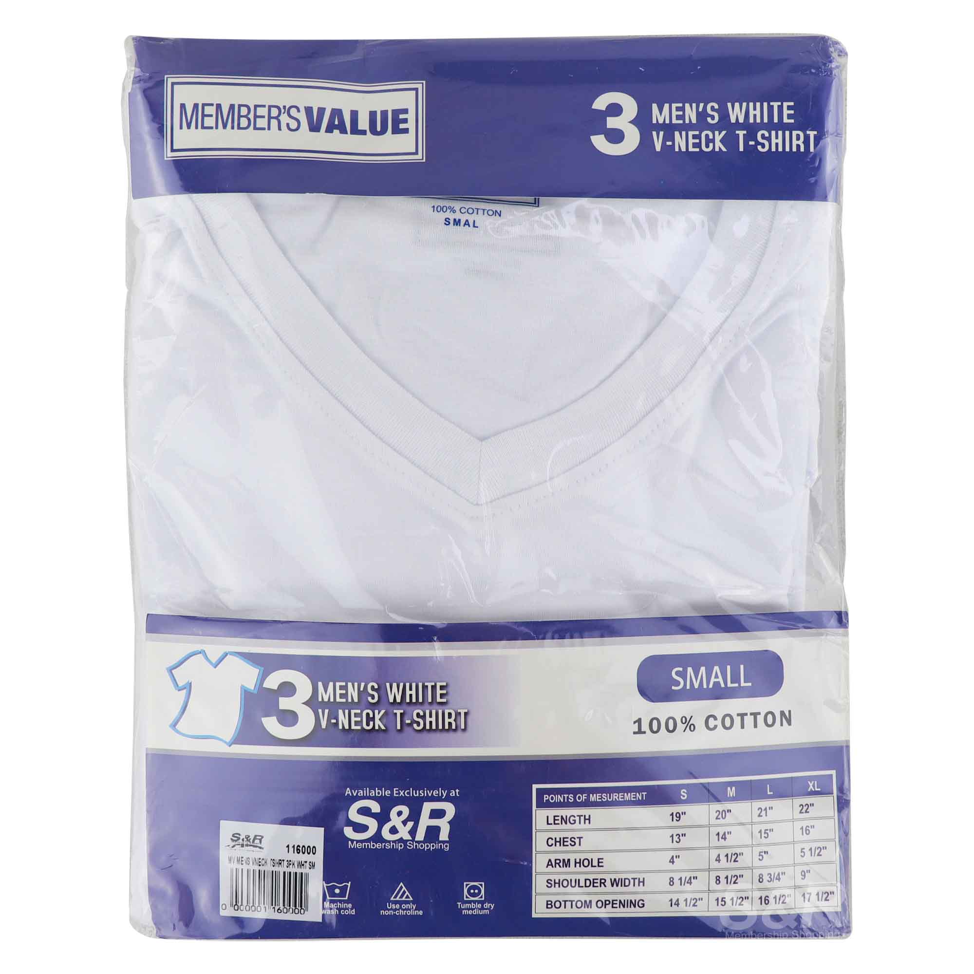 Member's Value Men's Small White V-neck T-shirt 3pcs